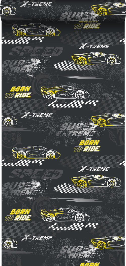 Sanders & Sanders behang race auto's geel en zwart wit - 50 x 900 cm - 935365