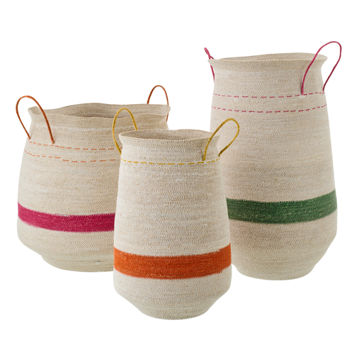 J-Line mand Met Handvat Gestreept - zeegras - mix - set van 3