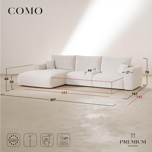 Premium Interiors - Linkshoekbank met slaapfunctie en opbergruimte COMO - zacht aanvoelende geweven stof bruin 297cm