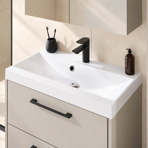 Badplaats Badkamermeubel Set Florence 60 cm – Beige – Hangend Badmeubel met Wastafel, Spiegelkast en Zijkast