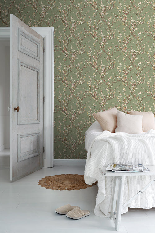 Sanders & Sanders behang bloesemtak vergrijsd olijfgroen en wit - 53 cm x 10 m - 640178 - vtwonen shop