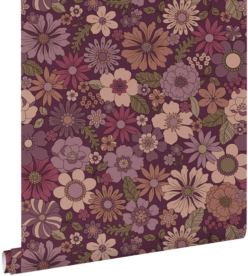 ESTAhome behang retro bloemen aubergine paars - 50 x 900 cm - 131638 - vtwonen shop