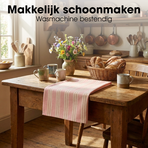 Mica Decorations Evie Gestreept Tafelkleed voor Eettafel - Tafellaken voor Binnen en Buiten 250 x 140 cm - Tafelzeil 100% Organisch Katoen - Roze