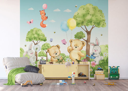 Sanders & Sanders fotobehang bos met bosdieren groen en blauw - 270 x 300 cm - 601183