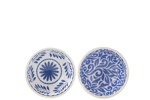 J-Line kom Bloemen - hout - blauw/wit -  medium - 2 stuks
