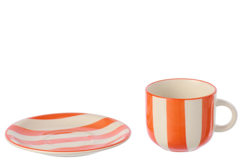 J-Line kopje + schoteltje Gestreept - keramiek - oranje/wit - 6 stuks