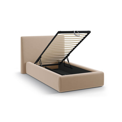 Cosmopolitan Design - Opbergbed met hoofdeinde Asti 90x200cm flueel beige amandel - 220x130x95cm