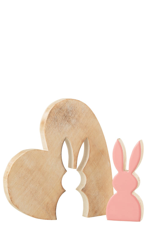 J-Line decoratie Hart Met Konijn - hout - roze