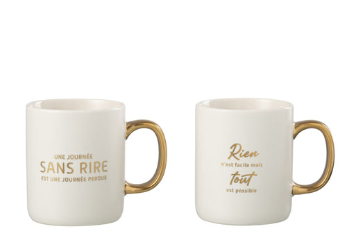 J-Line mok Bericht Positif - porselein - wit/goud - 2 stuks - vtwonen shop