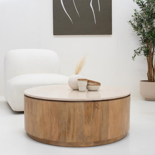 Giga Meubel Salontafel Elan Rond - Travertin - Naturel - 90x90x35cm - vtwonen shop