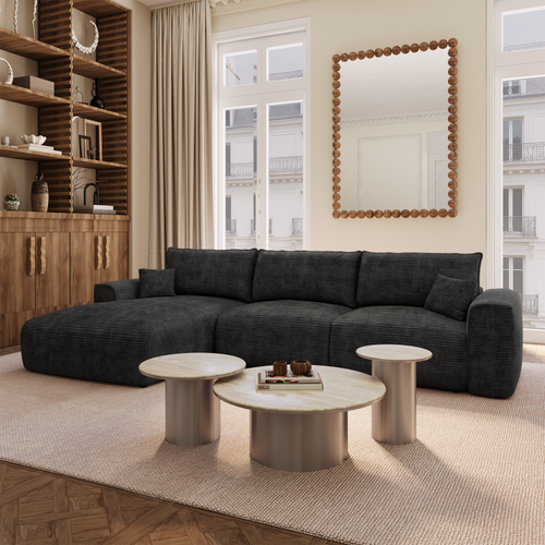 Premium Interiors - Linkerhoekbank met snelle uitklapfunctie COMO - corduroy zwart 300cm