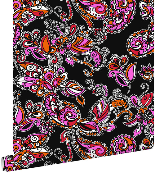 ESTAhome behang funky bloemen en paisleys zwart en rood - 53 cm x 10.05 m - 136842