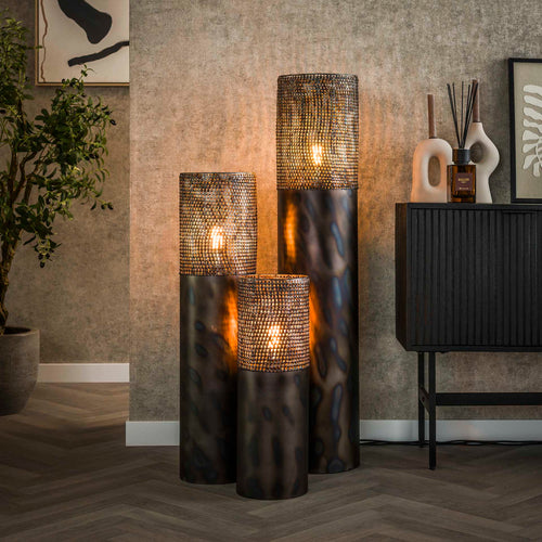 Giga Meubel Vloerlamp Cilinder - Zwart/Bruin Metaal - 1-Lichts - 20x20x60cm