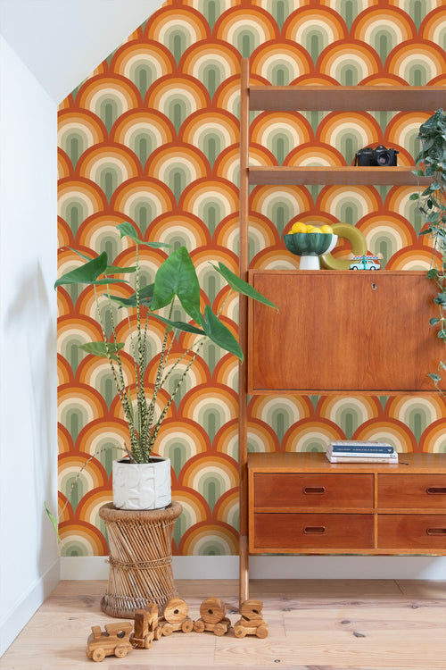 ESTAhome behang art deco bogen groen en oranje - 50 x 900 cm - 131773