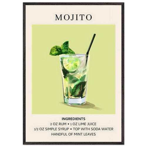 Artfulprints Poster met Lijst Mojito cocktail - Ingrediënten   - 70x100 cm - Groen