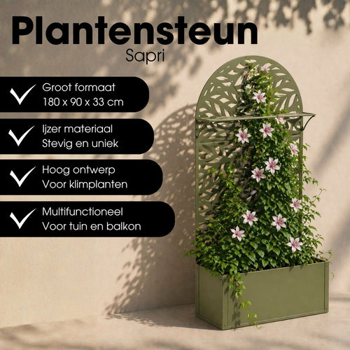 Mica Decorations Sapri Plantensteun - Plantenbak met Klimrek voor Klimplanten - Plantenstandaard Vrijstaand of tegen Muur - 90 x 33 x 180 cm - Groen