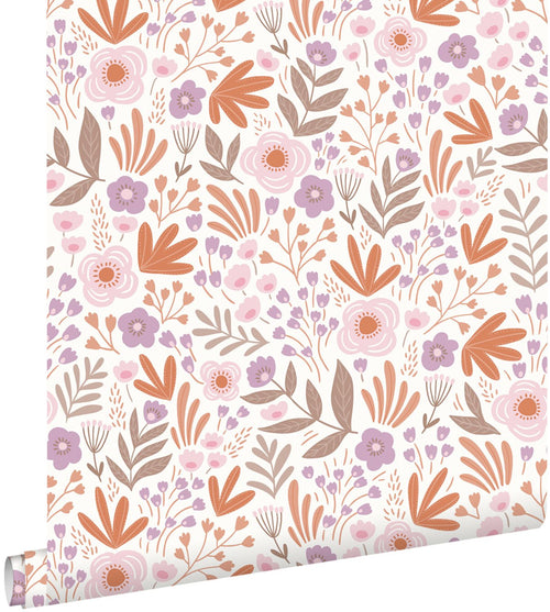 ESTAhome behang bloemetjes oranje en paars - 50 x 900 cm - 131067