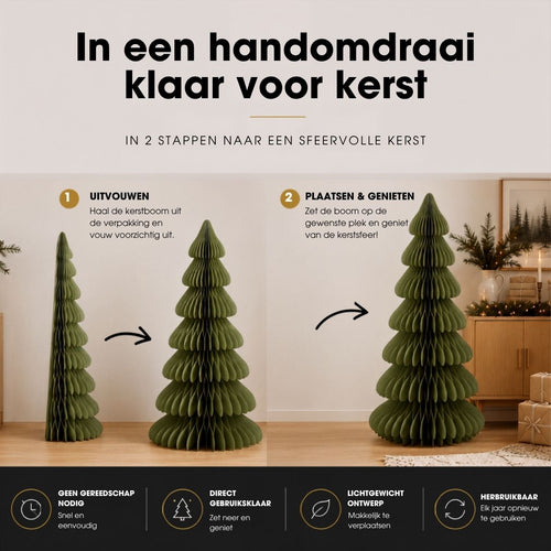 Mica Decorations Papieren Kerstboom - Opvouwbare Kunstkerstboom - H160  x Ø75cm - Kerst Decoratie - FSC Mix - Groen/Goud