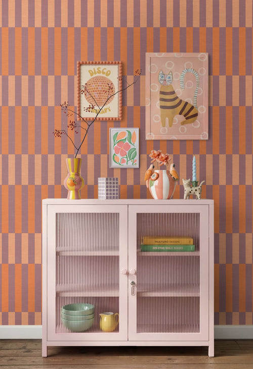 ESTAhome behang linnen-look strepen paars en oranje - 50 x 900 cm - 132253