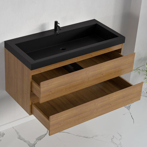 LOMAZOO badmeubelset Avalon - met hoge kast & zwarte wastafel - warm eiken - 100 cm