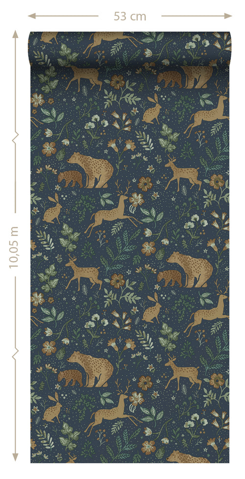 ESTAhome behang bos met bosdieren donkerblauw en beige - 53 cm x 10.05 m - 139588