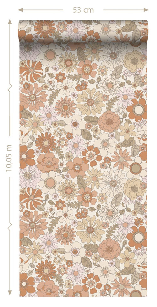 ESTAhome behang retro bloemen terracotta en lichtbeige - 53 cm x 10.05 m - 131247