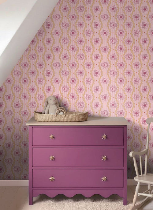 ESTAhome behang zonnetjes paars, roze en geel - 50 x 900 cm - 131712