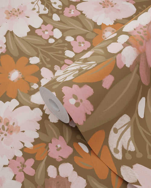 ESTAhome behang bloemen licht roze, terracotta en vergrijsd groen - 50 x 900 cm - 130926 - vtwonen shop