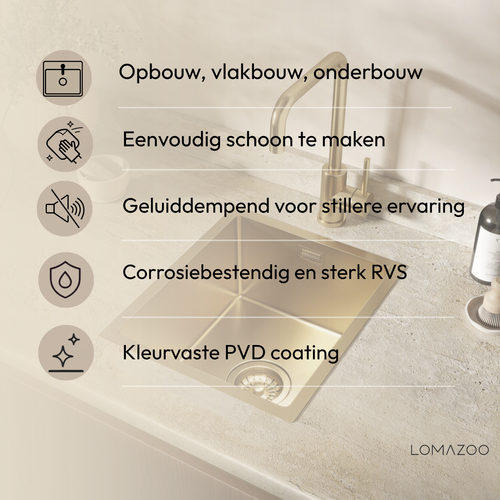 LOMAZOO Spoelbak Keuken Goud Lunara - 30 x 36 cm - RVS