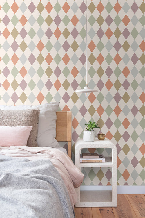 ESTAhome behang ruitjes beige, paars en terracotta - 50 x 900 cm - 131764
