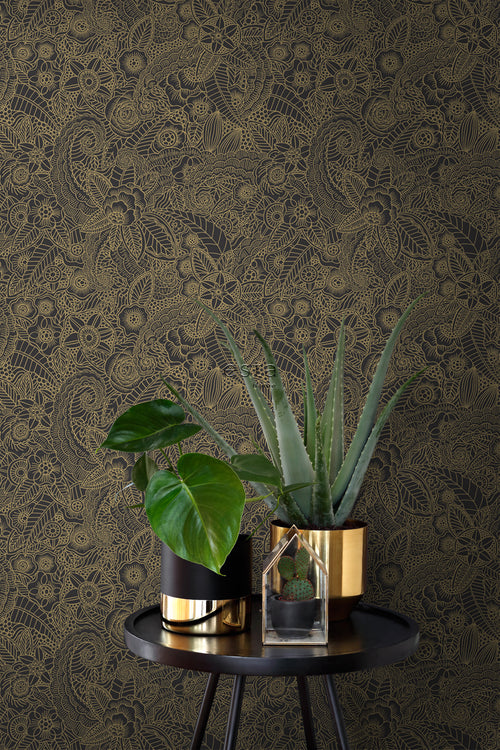 ESTAhome behang bloemtekeningen zwart en goud - 53 cm x 10.05 m - 139563