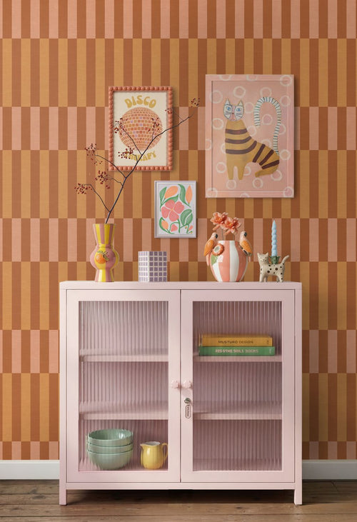 ESTAhome behang linnen-look strepen okergeel en terracotta - 50 x 900 cm - 132246