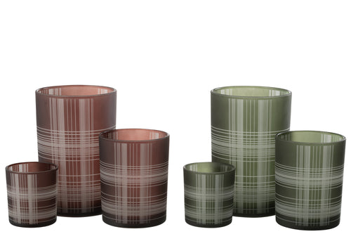 J-Line windlicht Geruit - glas - bruin/groen - large - 2 stuks