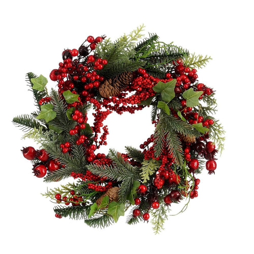 Mica Decorations Norah Kerstversiering - Kerstkrans met Dennenappels en Rode Besjes - Deurkrans voor Hal, Voordeur of Raam - Klassieke Kerstdecoratie