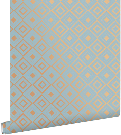 ESTAhome behang ruiten vintage blauw en glanzend koper bruin - 53 cm x 10.05 m - 128830