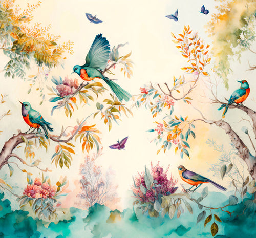 Sanders & Sanders fotobehang tropische jungle bladeren en paradijsvogels turquoise en beige - 300 x 279 cm - 950028 - vtwonen shop