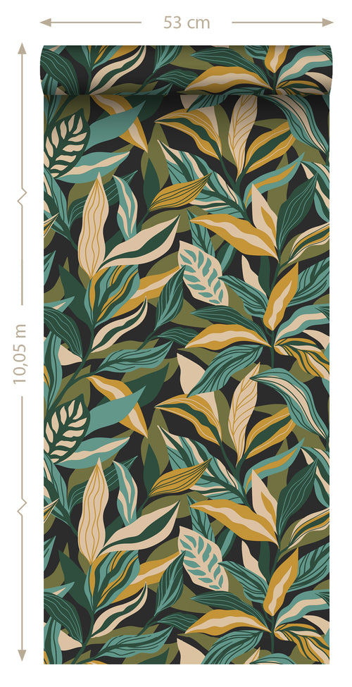 ESTAhome behang tropische bladeren donkergroen en okergeel - 50 x 900 cm - 131045 - vtwonen shop
