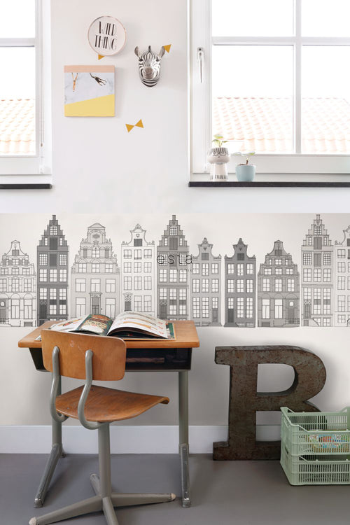 ESTAhome XXL behangrand Amsterdamse huizen grijs - 430 x 50 cm - 157714 - vtwonen shop