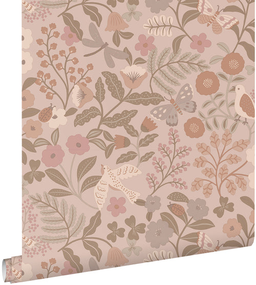 ESTAhome behang bloemen en vogels taupe en oudroze - 50 x 900 cm - 132232