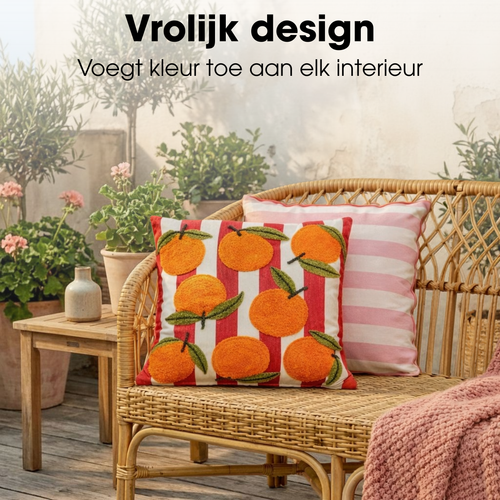 Mica Decorations Sinaasappel Sierkussen - Kussen met Kussenhoes - Woondecoratie Woonkamer - 45 x 45 x 10 cm - Katoen, Polyester - Off-white, Rood,
