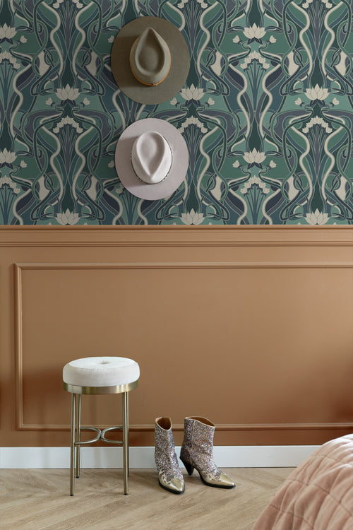 ESTAhome behang vintage bloemen in art nouveau stijl vergrijsd groen en blauw - 50 x 900 cm - 139894 - vtwonen shop