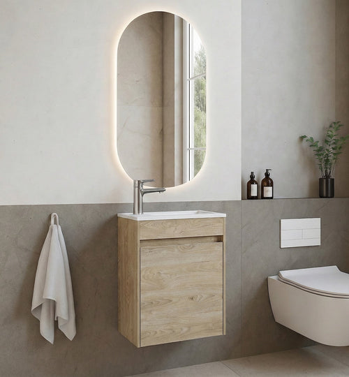 Badplaats Toiletmeubel Sinta 40 x 22 cm – Kastanje Eiken – Fonteinmeubel met Witte Wastafel