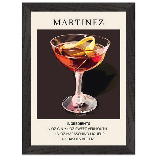 Artfulprints Poster met Lijst Martinez cocktail - Ingrediënten   - A4 21x29.7 cm - Zwart