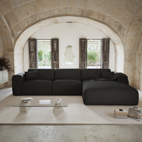 Sia Home - Rechthoekige hoekbank die als bed kan worden gebruikt MYRA - bouclé-stof donker antraciet 299cm