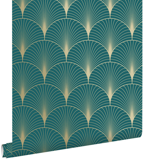 ESTAhome behang art deco motief petrolblauw en goud - 53 cm x 10.05 m - 139230