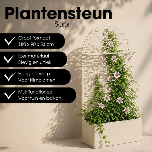 Mica Decorations Sapri Plantensteun - Plantenbak met Klimrek voor Klimplanten - Plantenstandaard Vrijstaand of tegen Muur - 90 x 33 x 180 cm - Off