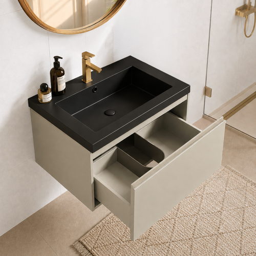 LOMAZOO badmeubelset Sorrento - met hoge kast & zwarte wastafel - greige - 60 cm