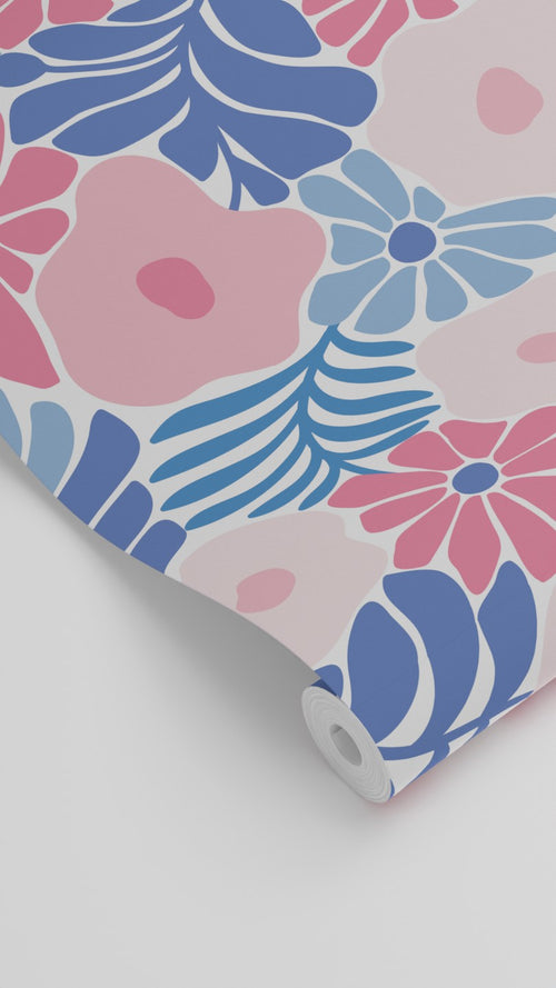 ESTAhome behang bloemen in Matisse stijl blauw en roze - 50 x 900 cm - 131006 - vtwonen shop