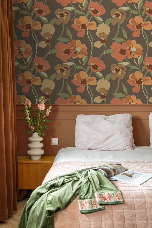 ESTAhome behang bloemen oranje en vergrijsd groen - 50 x 900 cm - 130990 - vtwonen shop