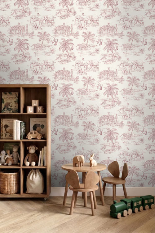 ESTAhome behang jungle dieren bordeaux rood en wit - 50 x 900 cm - 132122